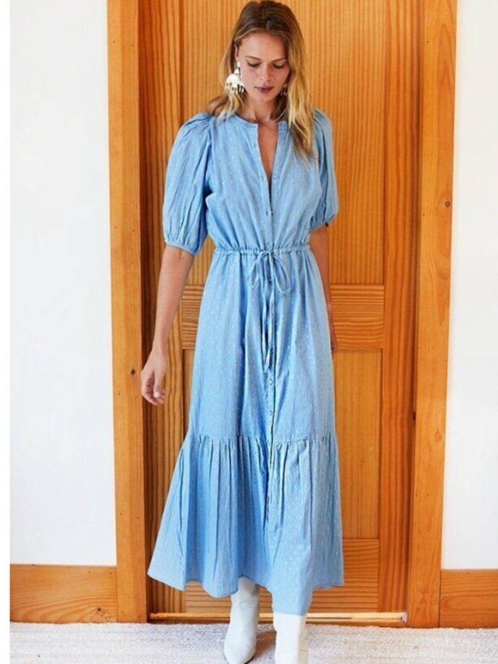 Emerson Fry India Collection Lucy Maxi Dress Powder Blue Gold Dot